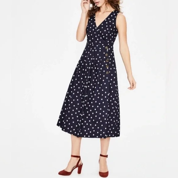 Boden women’s 10P Arwen Wrap Linen-Blend Midi Dress in Navy Polka Dot - Picture 11 of 13